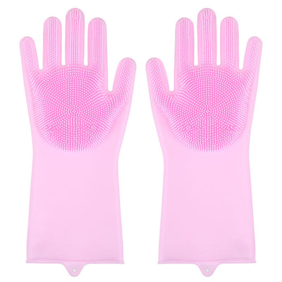 Silicone Gloves with bristles Waterproof Splashproof Oil Proof Soft Elastic Kitchen Dishwashing Silicone Cleaning GlovesPink