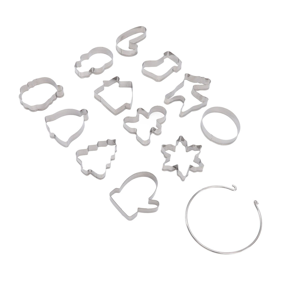 12pcs Christmas Cookie Cutters Christmas Theme Quick Release Stainless Steel Cookie Cutters Silver with Storage Rings for Cake
