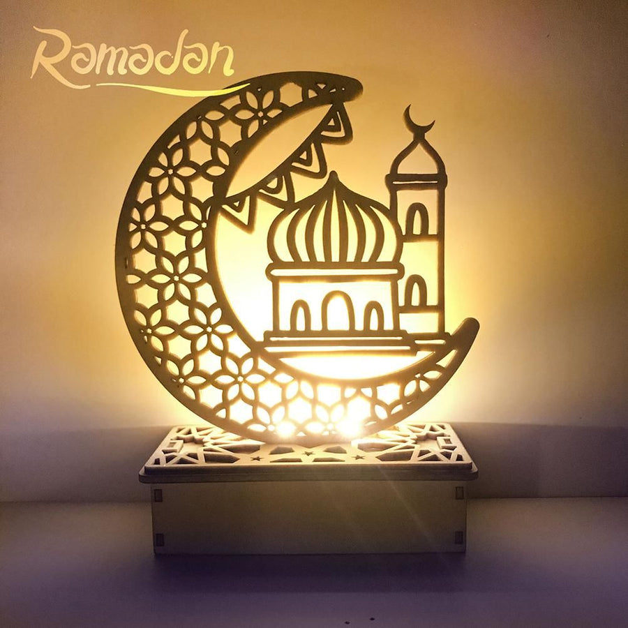 LED Eid Ramadan Hollow Decorations Openwork Carving Wooden Light Durable Table Light Crafts