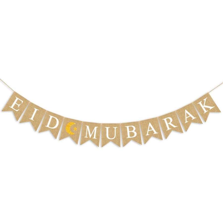 Eid Mubarak Banner Burlap Flag Decoration Eid Celebration Hanging Banner for Corridor Windows Living Room