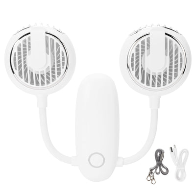 Dual‑Head USB Fan 360° Rotating Portable Neck‑Hanging Electric Fan for Outdoor TravelWhite