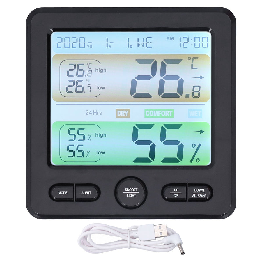 LCD Electronic Alarm Clock Temperature Humidity Monitoring Alarm for Indoor Home UseBlack