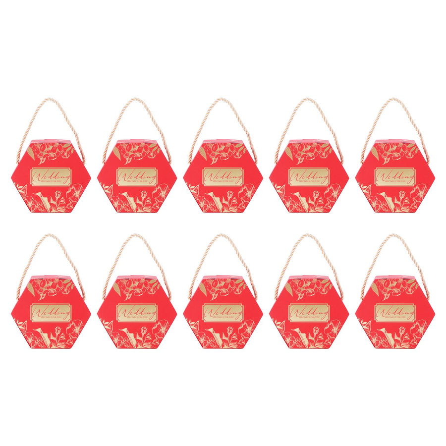 10 Set Candy Boxes Bags Hexagonal Chocolate Gift Boxes with Ropes for Wedding SuppliesRed
