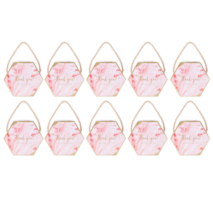 10 Set Candy Boxes Bags Hexagonal Chocolate Gift Boxes with Ropes for Wedding SuppliesPink