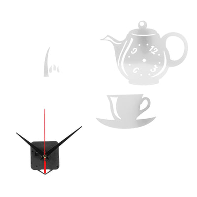 DIY Wall Clock Mirror Surface Sticker TeapotShaped Decals for Living Room Bedroom(Silver )
