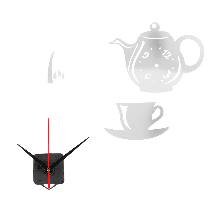 DIY Wall Clock Mirror Surface Sticker TeapotShaped Decals for Living Room Bedroom(Silver )