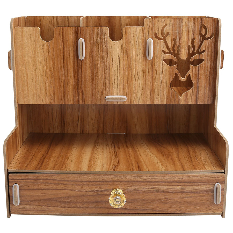Desktop Organizer Wooden Pen Holder Storage Rack Stationery Supplies for Home OfficeCherry Wood Color