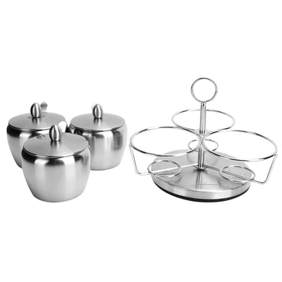 Stainless Steel Seasoning Pot Spice Salt Sugar Bowl Container with Rotating Storage Rack Lid Spoon