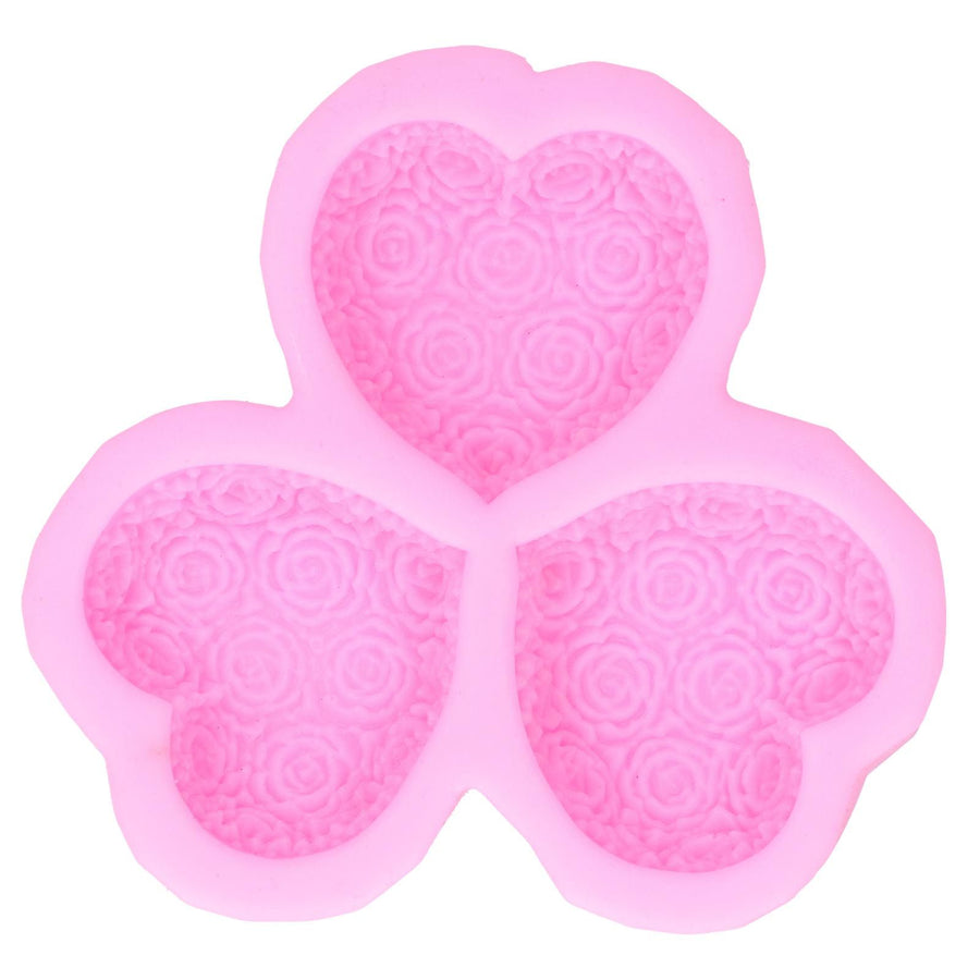 3 Cavity HeartShaped Rose Soap Mold Silicone Cake Fondant Decoration Utensils(Pink )