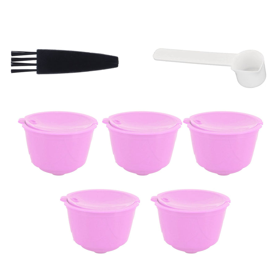 Reusable Capsules Set Refillable Coffee Filter Cup Pod for DOLCE GUSTO Coffee Machine(Purple 5 Capsules1 Spoon 1 Brush)