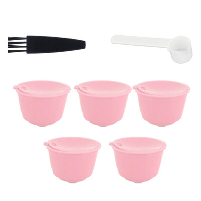Coffee Capsules Reusable Refillable Coffee Filter Cup Kit Accessory for DOLCE GUSTO(Pink 5 Capsules1 Spoon 1 Brush)