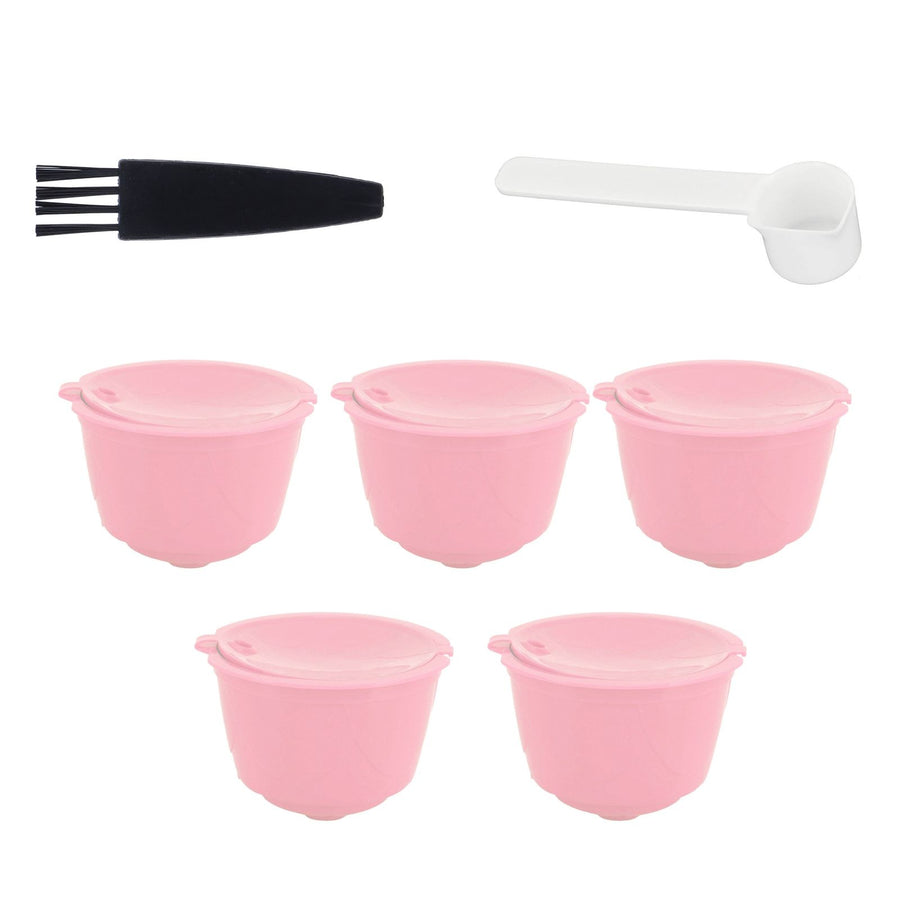 Coffee Capsules Reusable Refillable Coffee Filter Cup Kit Accessory for DOLCE GUSTO(Pink 5 Capsules1 Spoon 1 Brush)