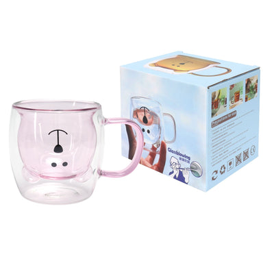 250ml Bear Shaped Glass Cup Double Wall Water Tea Coffee Milk Mug with Handle for HomePink