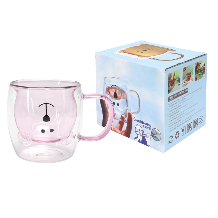 250ml Bear Shaped Glass Cup Double Wall Water Tea Coffee Milk Mug with Handle for HomePink
