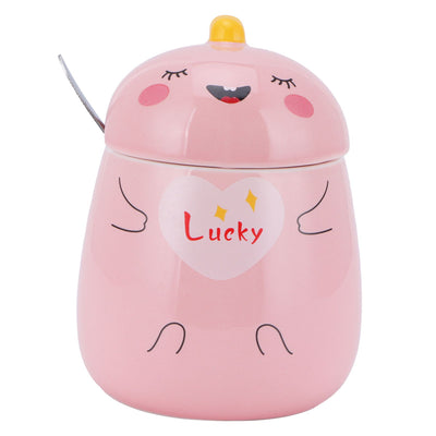 450ml Cute Ceramic Cup with Lid Spoon Water Cup Coffee Mug Girl Gift for Home OfficePink Lucky