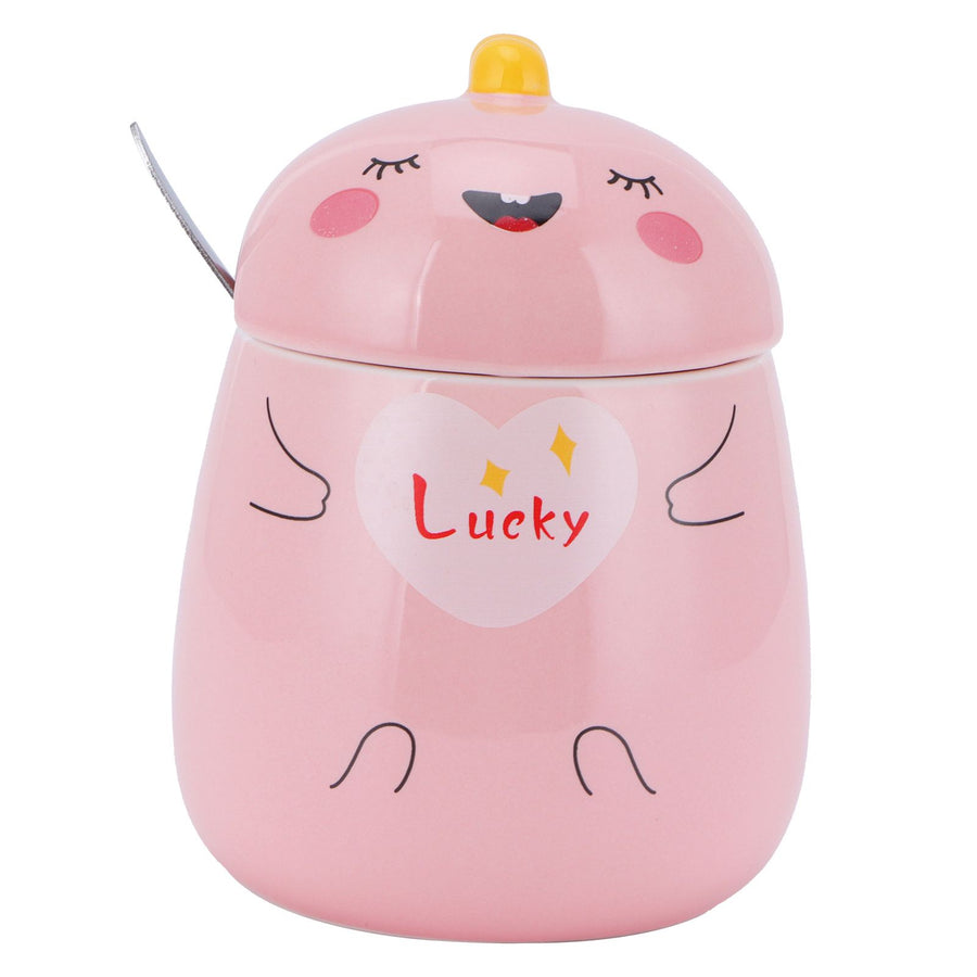 450ml Cute Ceramic Cup with Lid Spoon Water Cup Coffee Mug Girl Gift for Home OfficePink Lucky