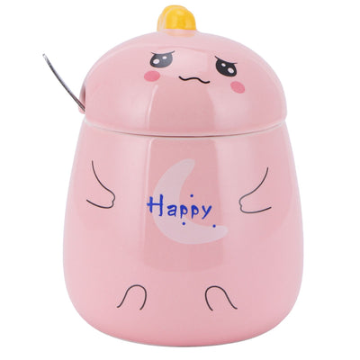 450ml Cute Ceramic Cup with Lid Spoon Water Cup Coffee Mug Girl Gift for Home OfficePink Happy