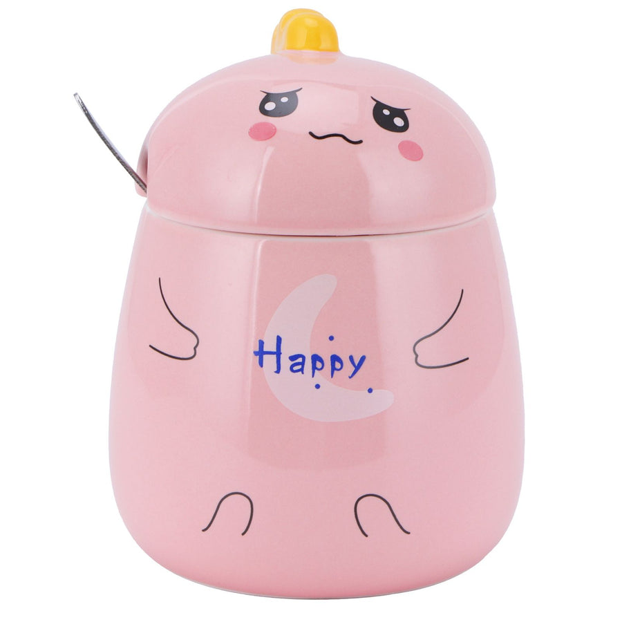 450ml Cute Ceramic Cup with Lid Spoon Water Cup Coffee Mug Girl Gift for Home OfficePink Happy