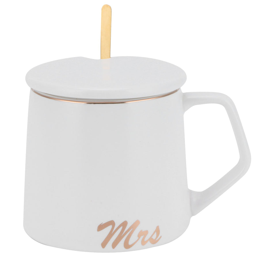 320ml Fashon Ceramic Cup Coffee Mug Cup with Lid Spoon Present Gift for Home OfficeWhite M Letter