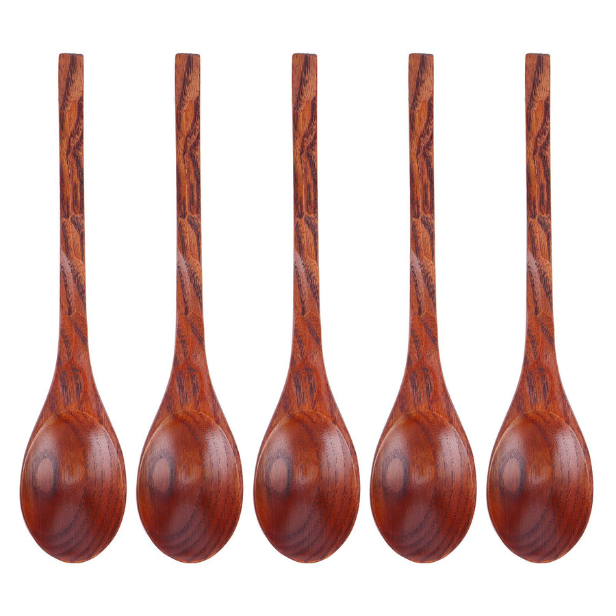 5PCS Japanese Style Wood Spoon Long Handle Soup Spoons Household Tableware Kitchen Tools