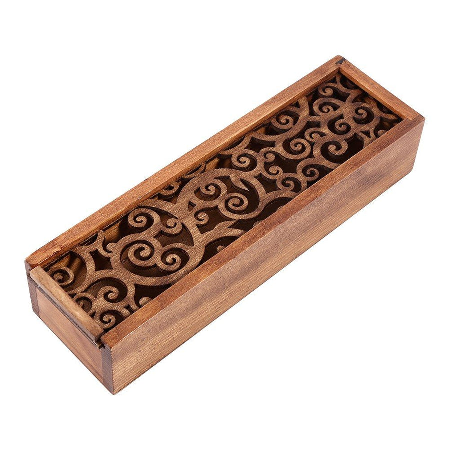 Wooden Pencil Case Box Desktop Stationery Storage Organiser School Office (#1 Swirl Grass Type)