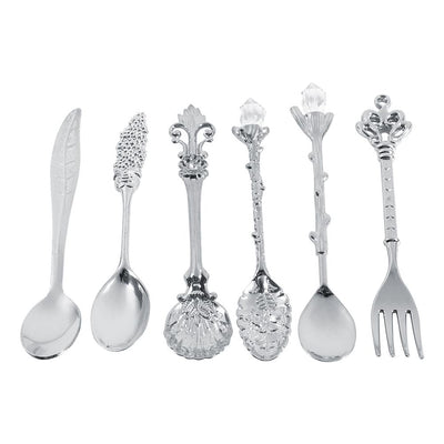 6Pcs/Set Vintage Royal Style Metal Mini Coffee Spoons and Fork Kitchen Fruit Accessories Silver