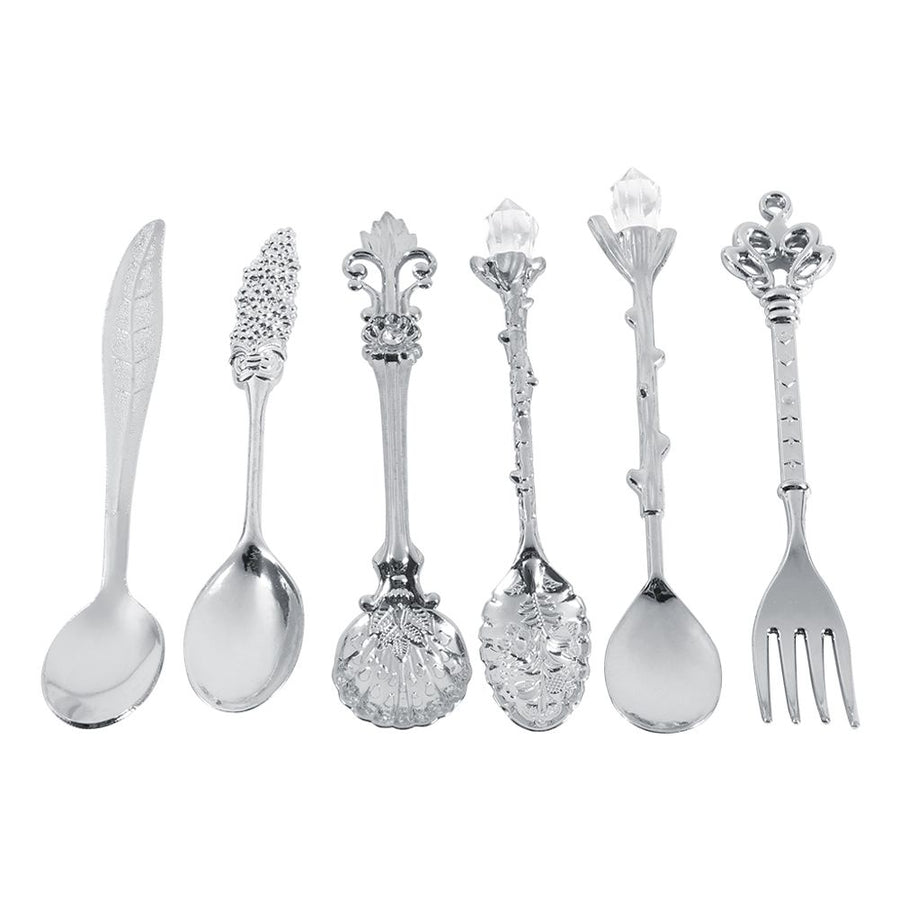 6Pcs/Set Vintage Royal Style Metal Mini Coffee Spoons and Fork Kitchen Fruit Accessories Silver