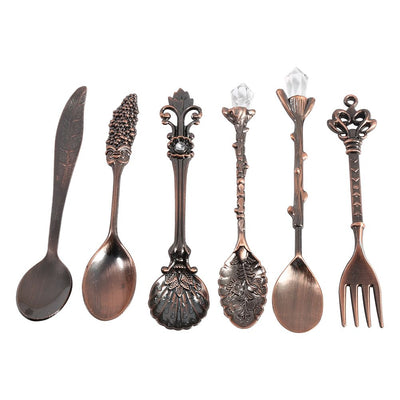 6Pcs/Set Vintage Metal Mini Coffee Spoons and Fork Kitchen Tableware Accessories Red Brass