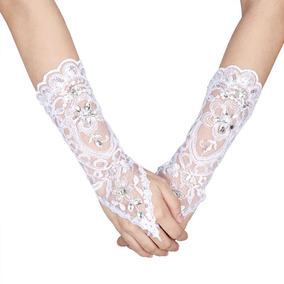 Retro Syle Ivory Lace Flower Bride Bridal Rhinestone Sexy Fingerless Gloves Wedding White