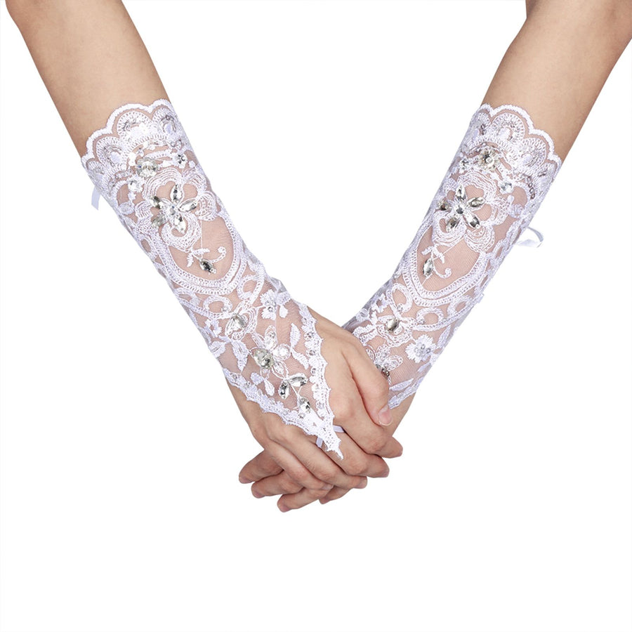 Vintage Syle Ivory Lace Flower Bride Bridal Rhinestone Sexy Fingerless Gloves Wedding Ivory