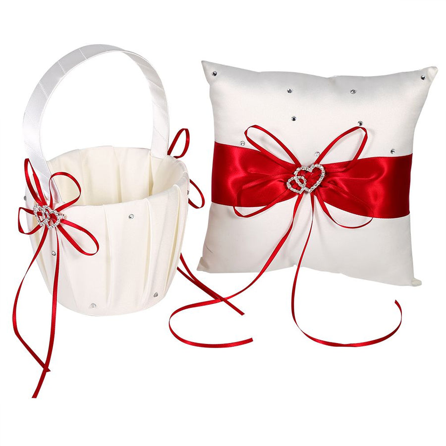 Flower Girls Basket and Ring Pillow Set Satin Bowknot for Wedding Party Decoration Red & Ivory
