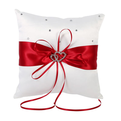 Wedding Ring Bearer Holder Pillow Cushion With Bowknot Stain Double Hearts Diamonds (Red)
