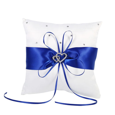 Wedding Ring Bearer Holder Pillow Cushion With Bowknot Stain Double Hearts Diamonds (Blue)