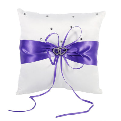 Wedding Ring Bearer Holder Pillow Cushion With Bowknot Stain Double Hearts Diamonds (Purple)