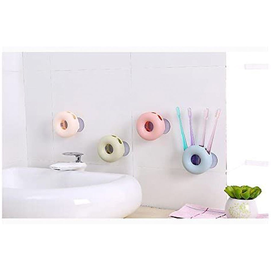 Bathroom Wall Mount Strong Suction Cup Toothbrush Holder Organizer 4 Holes (Beige)