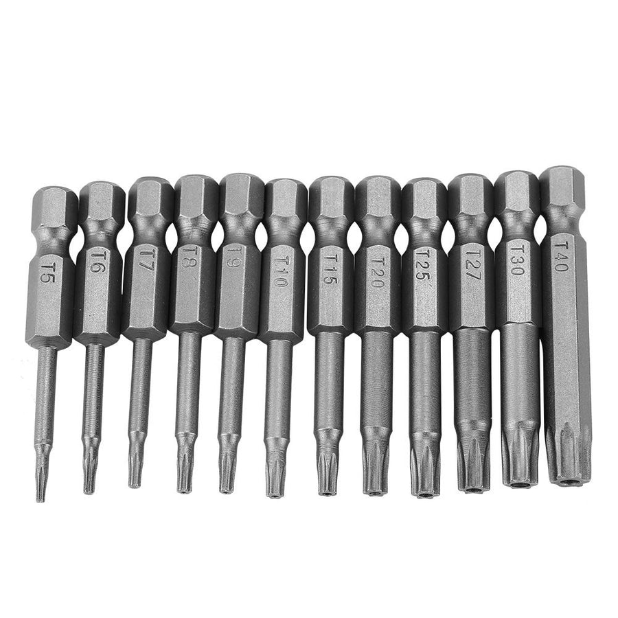 12Pcs Chrome Vanadium Steel 1/4in Hex Shank T5-T40 Magnetic Security Star Screwdriver Bits