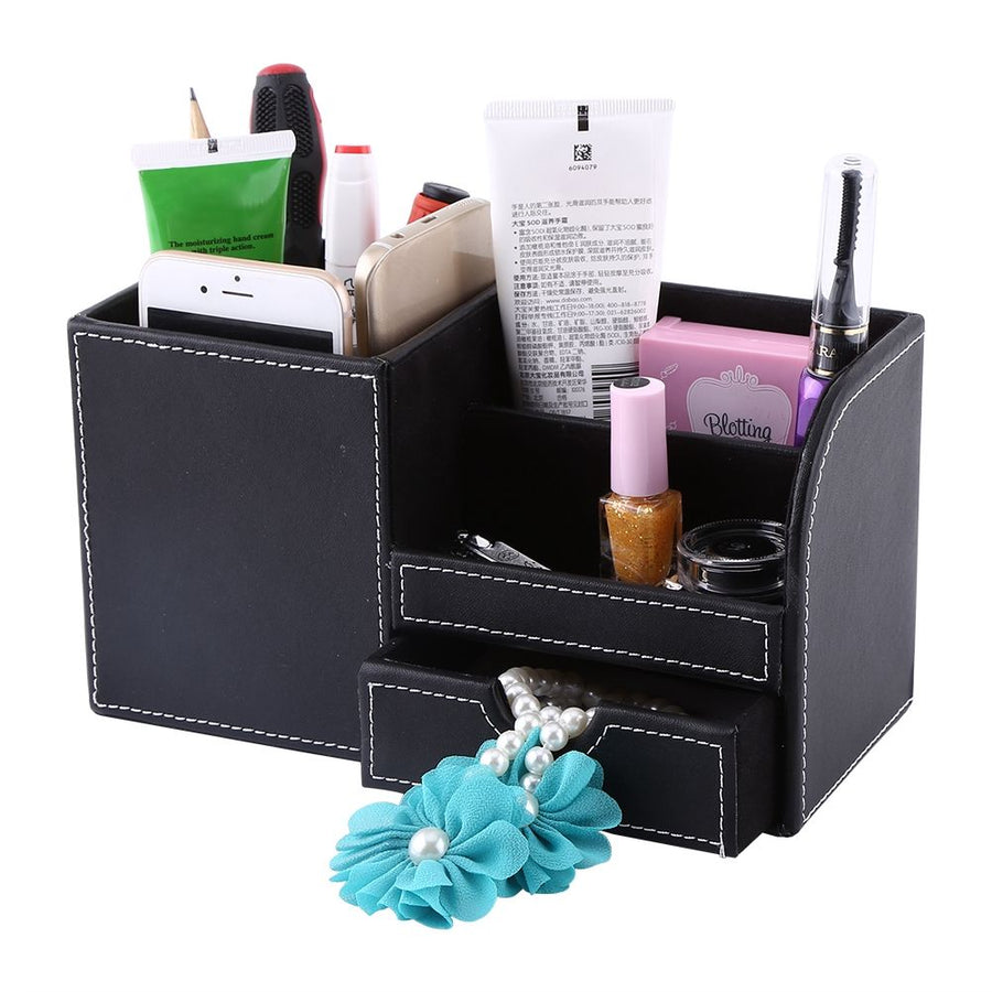 1Pc Wooden Leather Multifunction Desk Stationery Organizer Storage Box Pen Pencil Holder Case