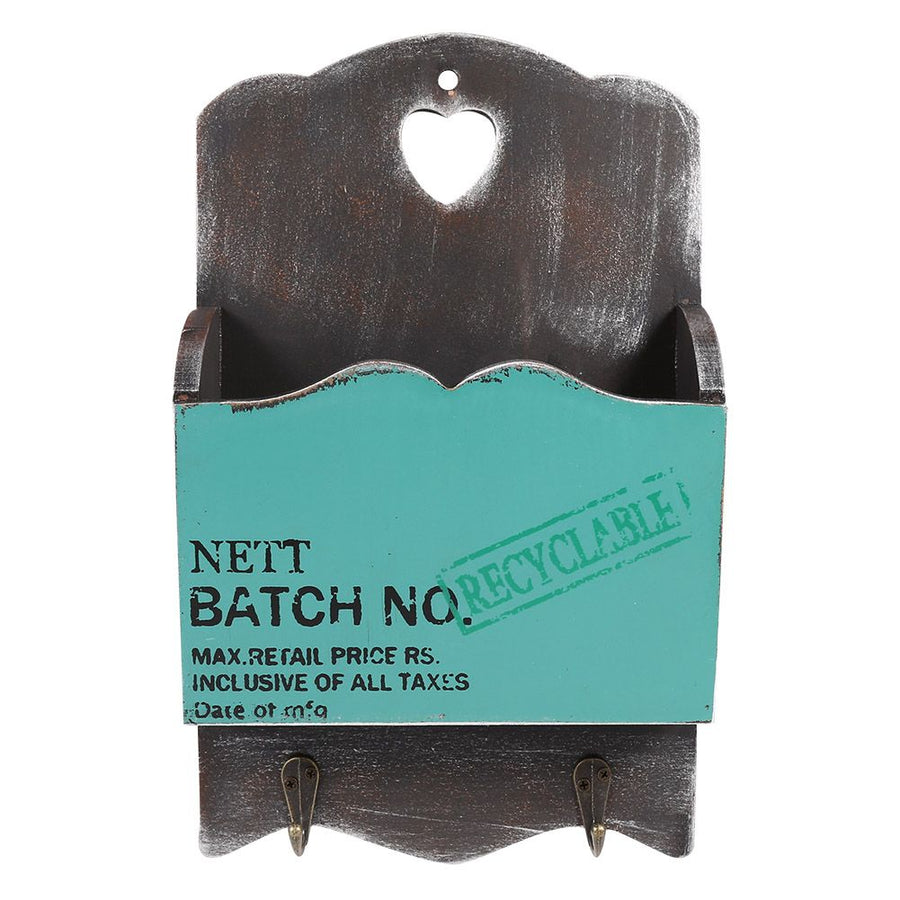 Wood Letter Rack Key Holder Wall Storage Creative Home Decoration with Hook Hanger Bluish Green