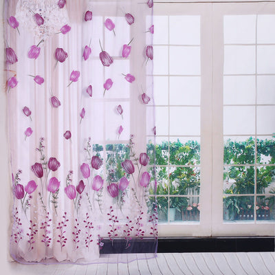 100*200cm Tulips Printing Tulle Curtains Sheer Drape Balcony Window Decoration Purple