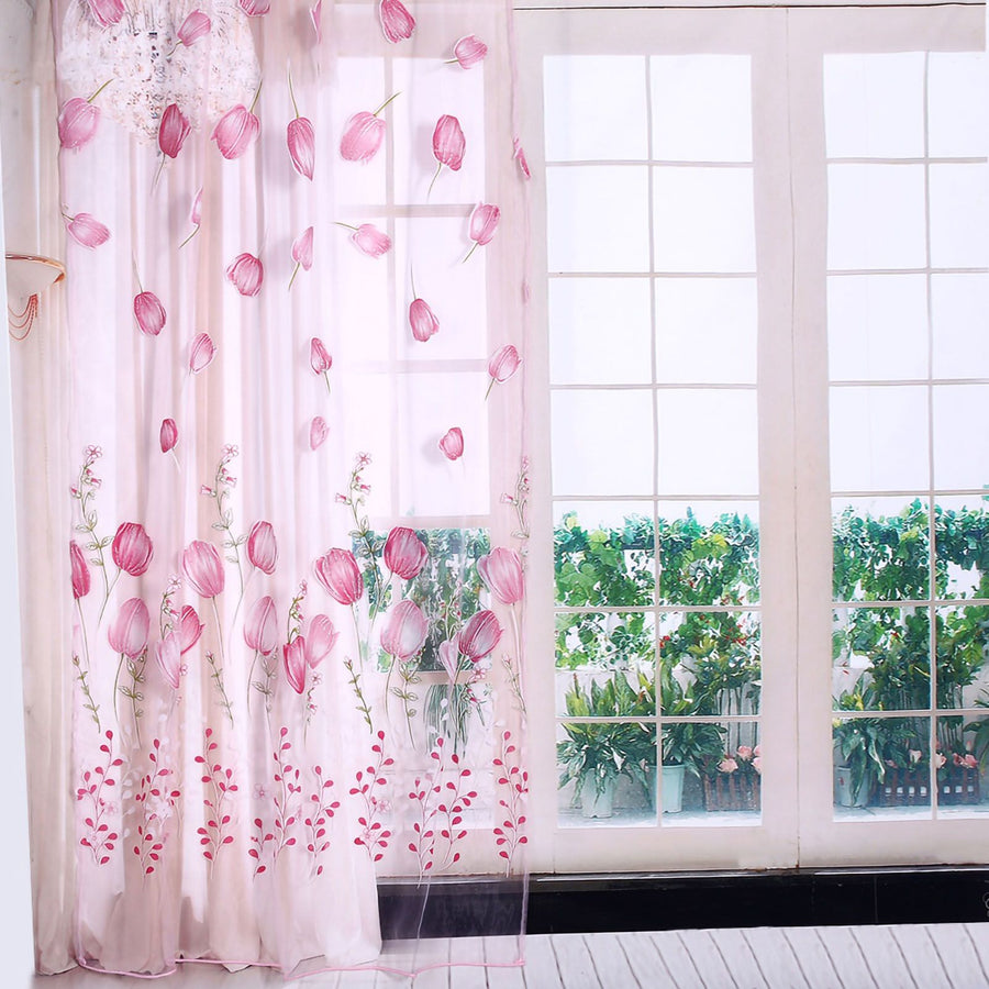 100*200cm Tulips Printing Tulle Curtains Sheer Drape Balcony Window Decoration Pink