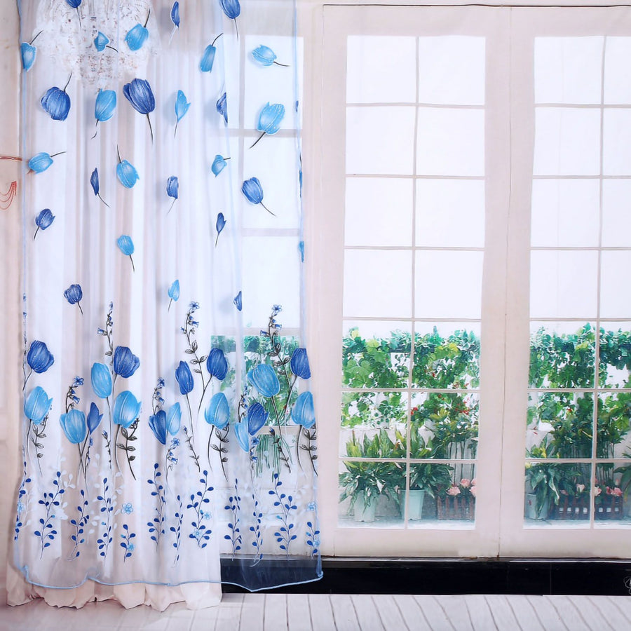 100*200cm Tulips Printing Tulle Curtains Sheer Drape Balcony Window Decoration Blue