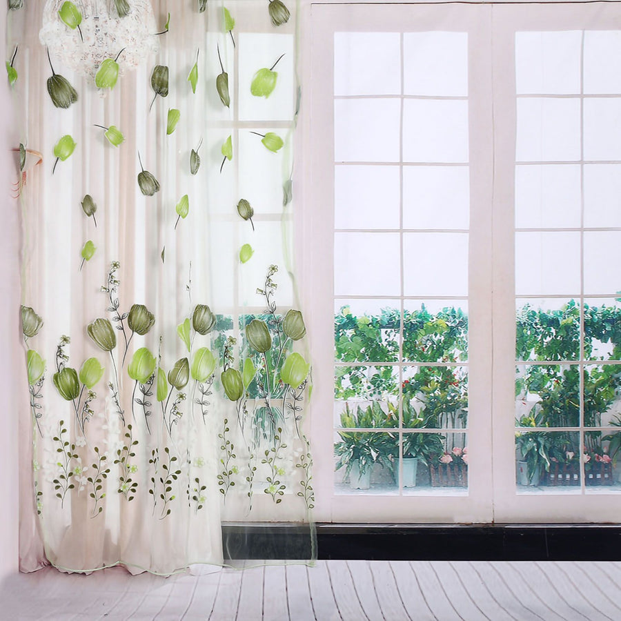 100*200cm Tulips Printing Tulle Curtains Sheer Drape Balcony Window Decoration Green