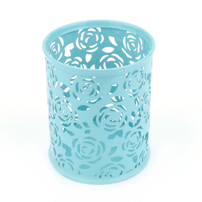 Office Desk Hollow Rose Flower Pattern Pen Pencil Pot Holder Container Organizer(Blue)