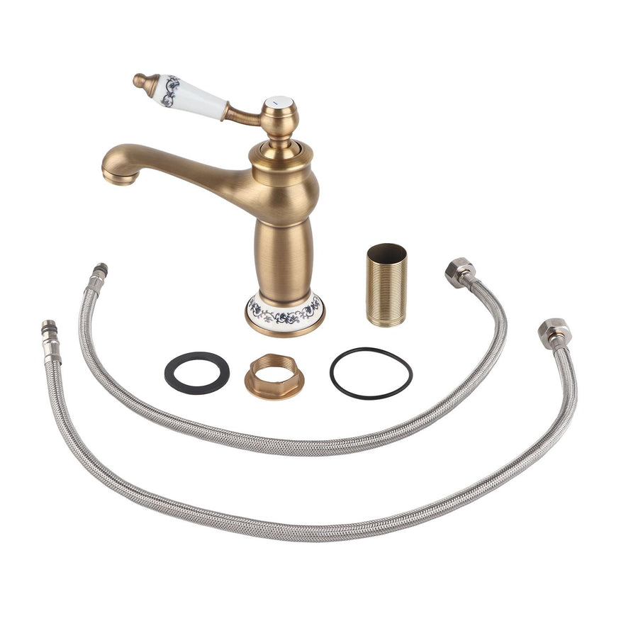 Floral Pattern Single Handle Mixer Tap Cold/Hot Water Faucet for Bathroom Basin Sink (Antique)