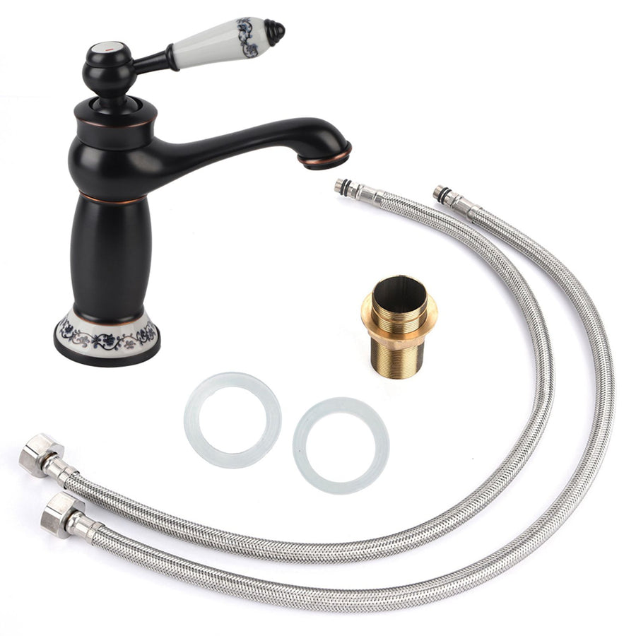 Floral Pattern Single Handle Mixer Tap Cold/Hot Water Faucet for Bathroom Basin Sink (Black)