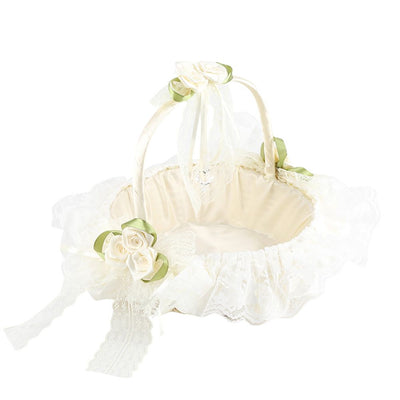 Romantic Lace Flower Girl Basket Bamboo Satin Bowknot Bridal Baskets for Wedding Party Decor