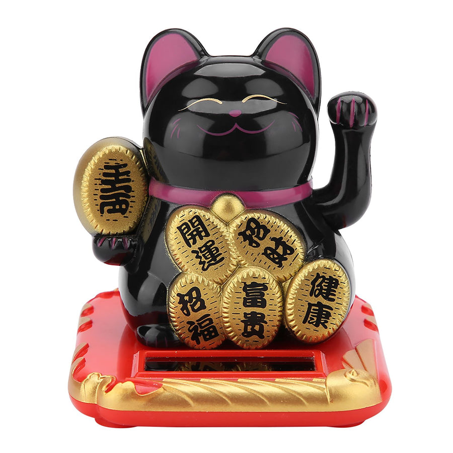 Solar Powered Welcoming Cat Adorable Waving Beckoning Fortune Lucky Cat Home Car Decor(Black)