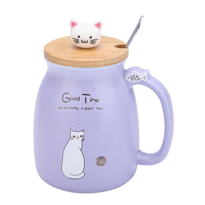 1Pc Lovely Cat Ceramic Cup with Spoon and Lid Coffee Water Milk Mug for Drinkware Gift(Purple)