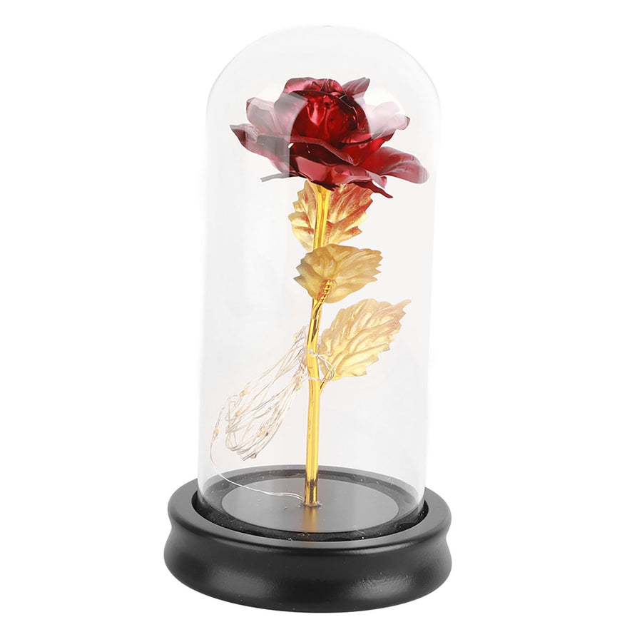 24K Gold Plated Rose Flower LED Light with Glass Cover Base Valentines'Day Wedding Gift Red