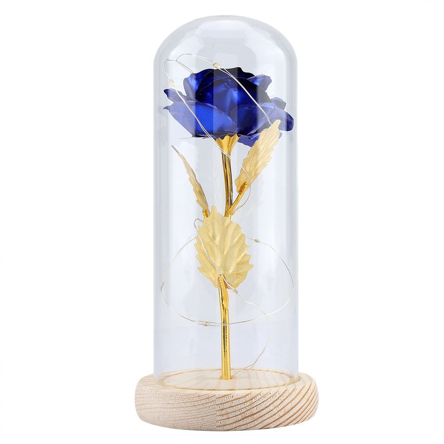 Preserved Rose Flower LED Light with Glass Cover Wooden Base Valentines'Day Wedding Blue